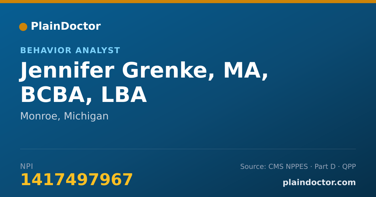 Shareable card for Jennifer Grenke, MA, BCBA, LBA - Behavior Analyst, Monroe, MI