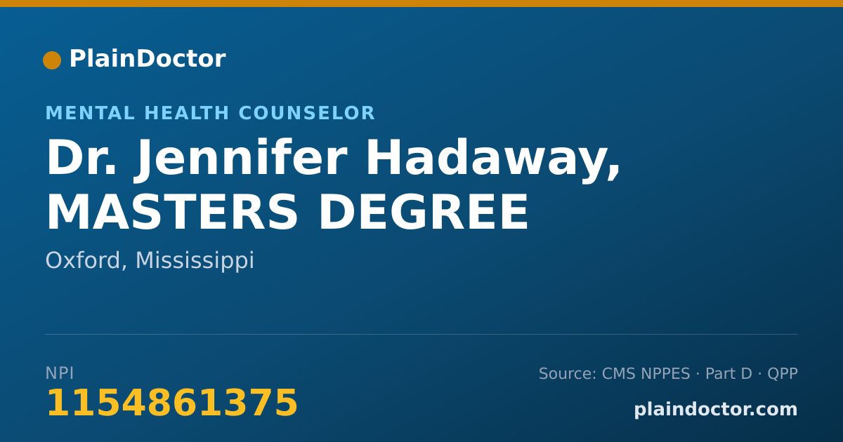 Shareable card for Jennifer Hadaway, MASTERS DEGREE - Mental Health Counselor, Oxford, MS