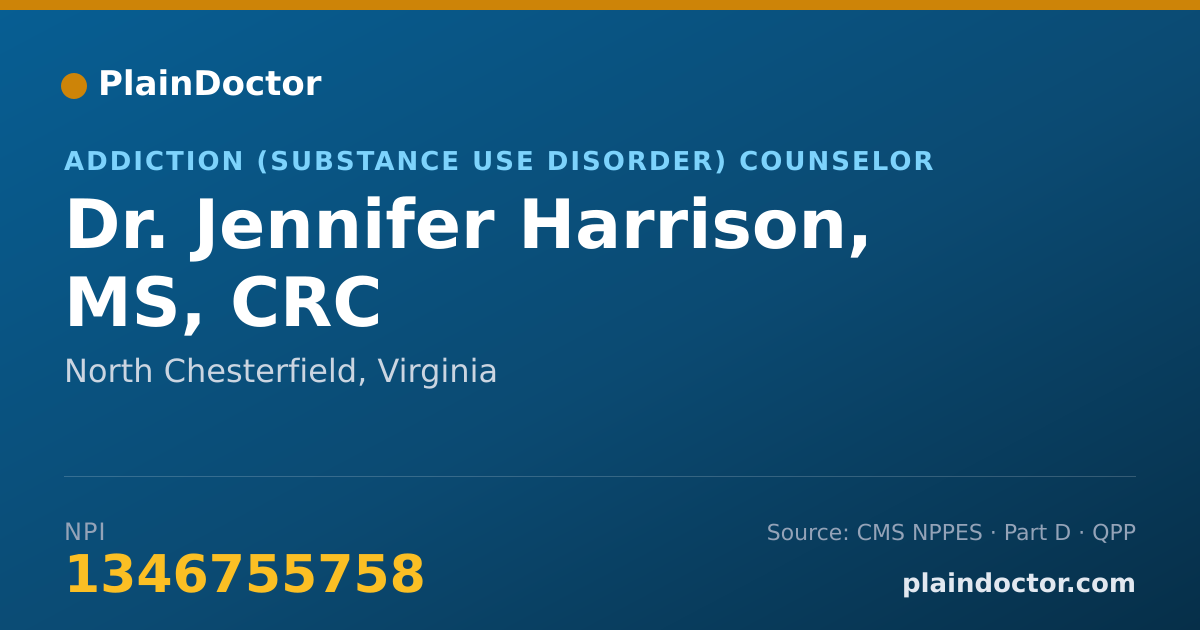 Shareable card for Jennifer Harrison, MS, CRC - Addiction (Substance Use Disorder) Counselor, North Chesterfield, VA