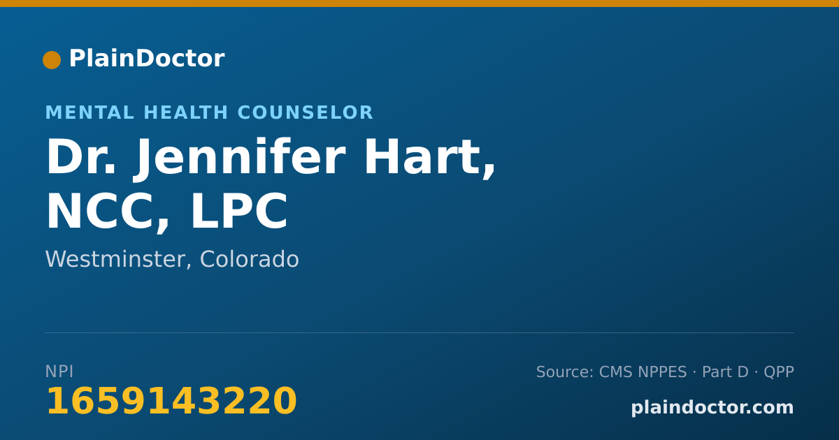 Shareable card for Jennifer Hart, NCC, LPC - Mental Health Counselor, Westminster, CO