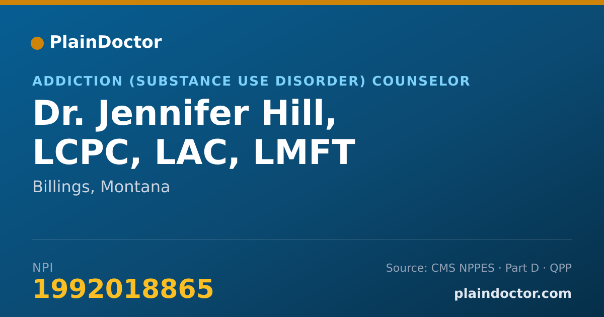 Shareable card for Jennifer Hill, LCPC, LAC, LMFT - Addiction (Substance Use Disorder) Counselor, Billings, MT