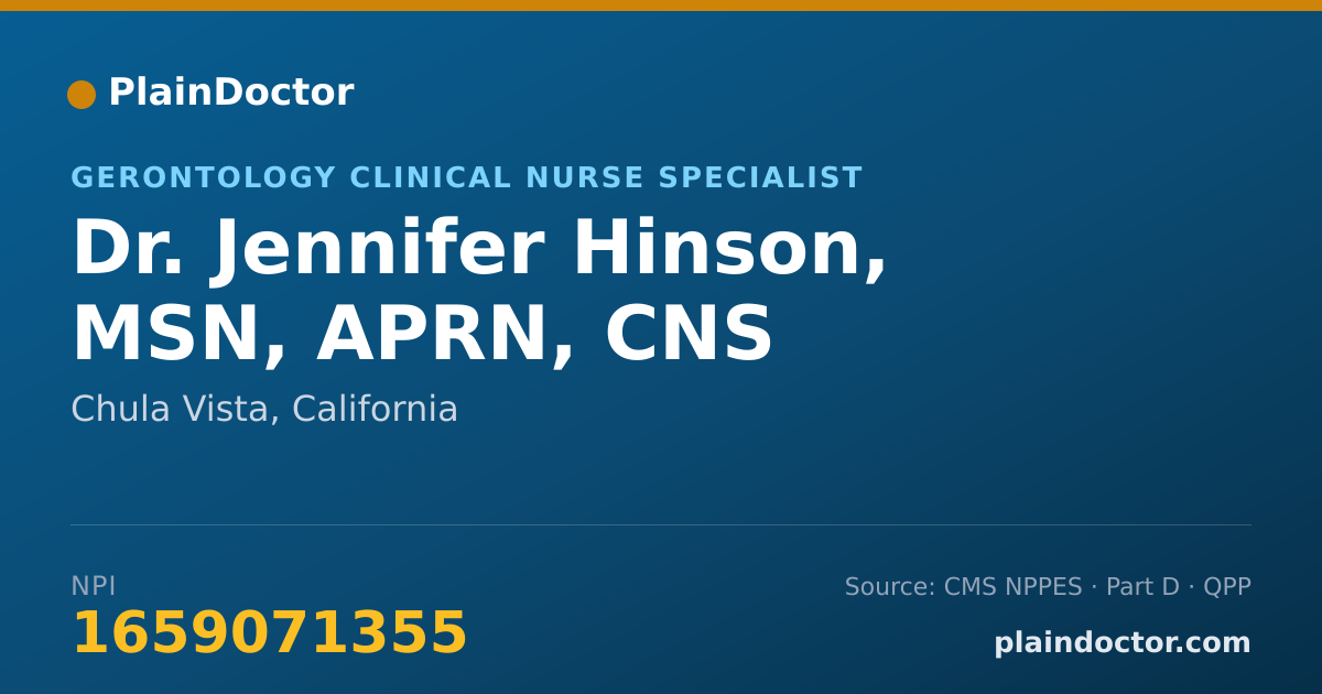 Shareable card for Jennifer Hinson, MSN, APRN, CNS - Gerontology Clinical Nurse Specialist, Chula Vista, CA
