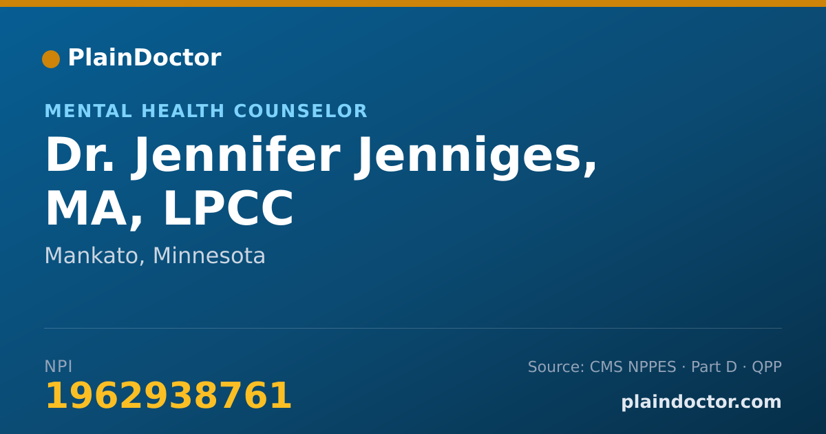 Shareable card for Jennifer Jenniges, MA, LPCC - Mental Health Counselor, Mankato, MN