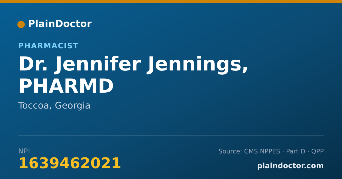 Shareable card for Jennifer Jennings, PHARMD - Pharmacist, Toccoa, GA