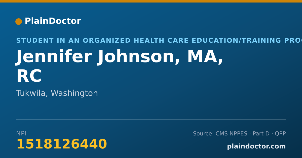 Shareable card for Jennifer Johnson, MA, RC - Student in an Organized Health Care Education/Training Program, Tukwila, WA