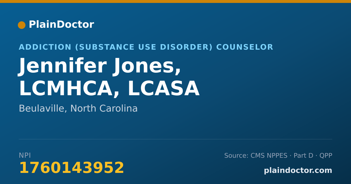 Shareable card for Jennifer Jones, LCMHCA, LCASA - Addiction (Substance Use Disorder) Counselor, Beulaville, NC