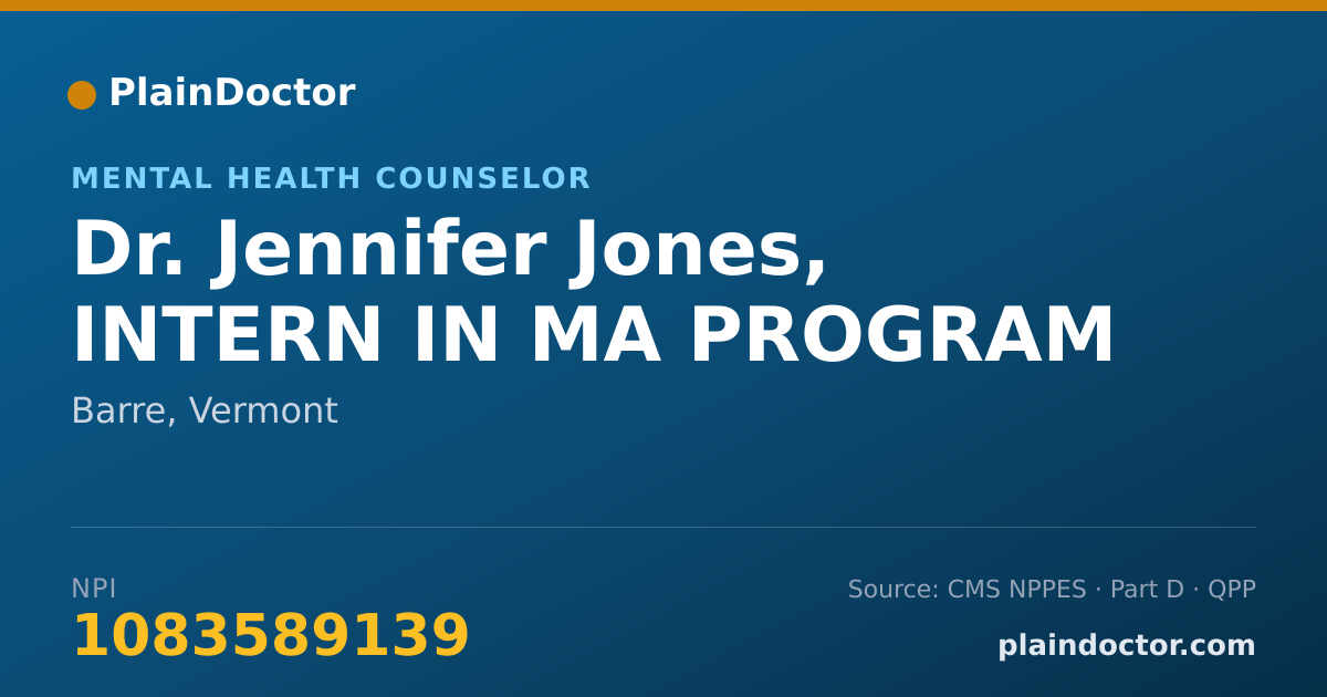 Shareable card for Jennifer Jones, INTERN IN MA PROGRAM - Mental Health Counselor, Barre, VT