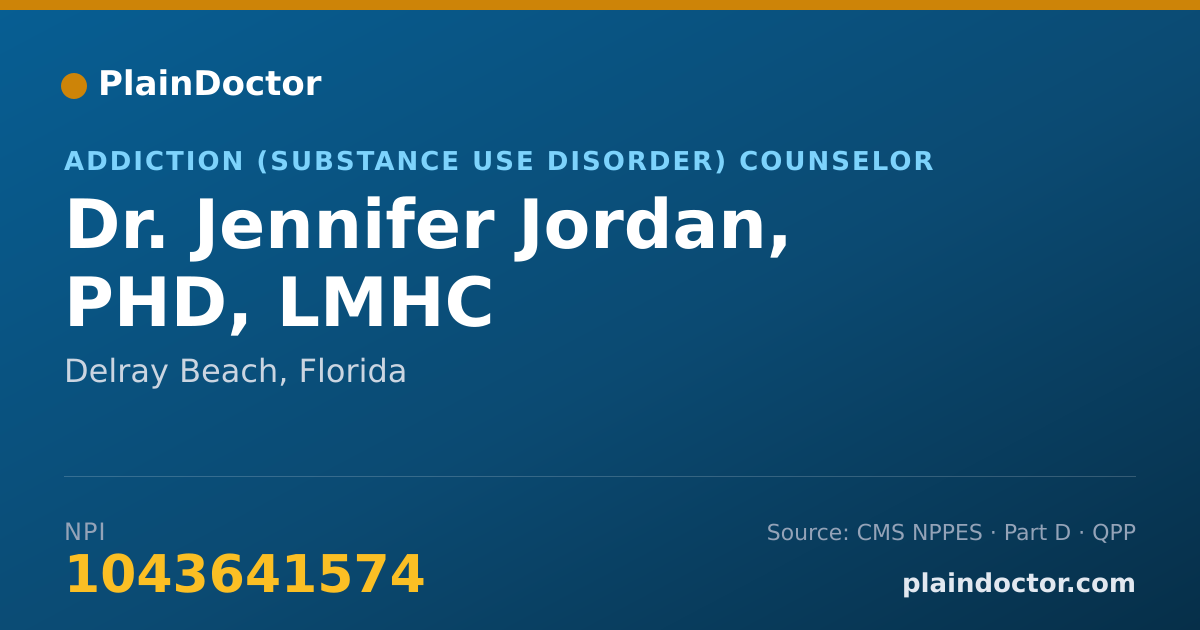 Shareable card for Jennifer Jordan, PHD, LMHC - Addiction (Substance Use Disorder) Counselor, Delray Beach, FL