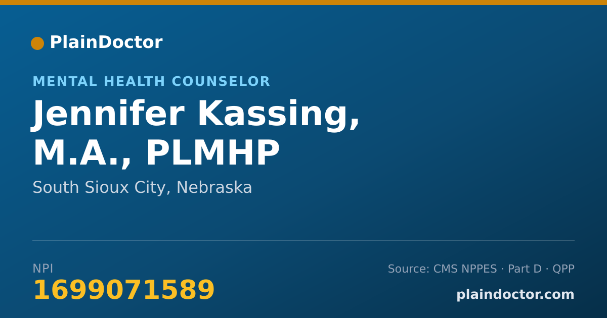 Shareable card for Jennifer Kassing, M.A., PLMHP - Mental Health Counselor, South Sioux City, NE