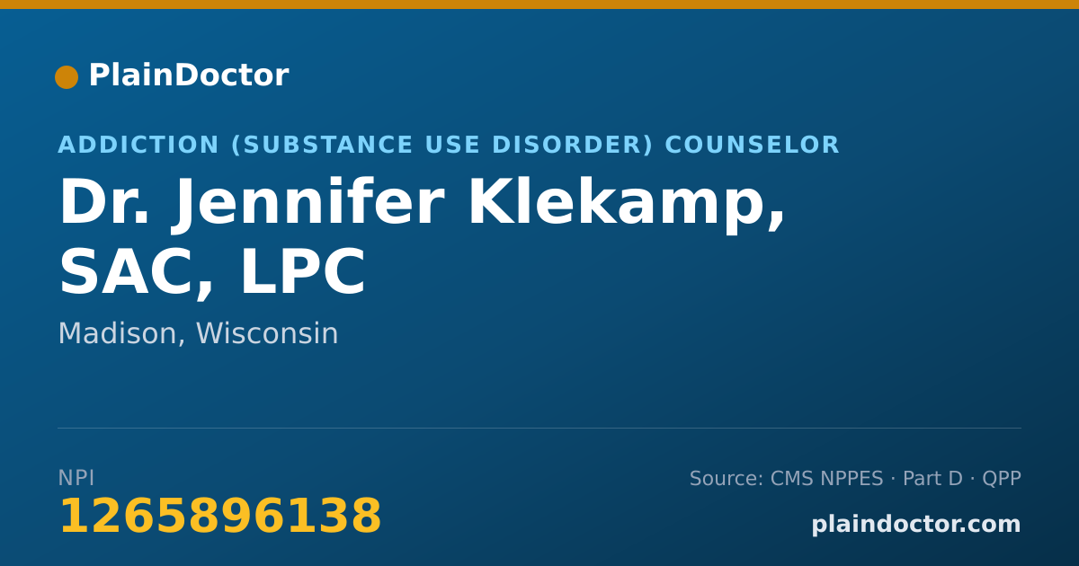 Shareable card for Jennifer Klekamp, SAC, LPC - Addiction (Substance Use Disorder) Counselor, Madison, WI