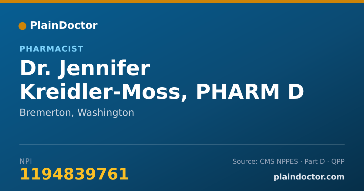 Shareable card for Jennifer Kreidler-Moss, PHARM D - Pharmacist, Bremerton, WA