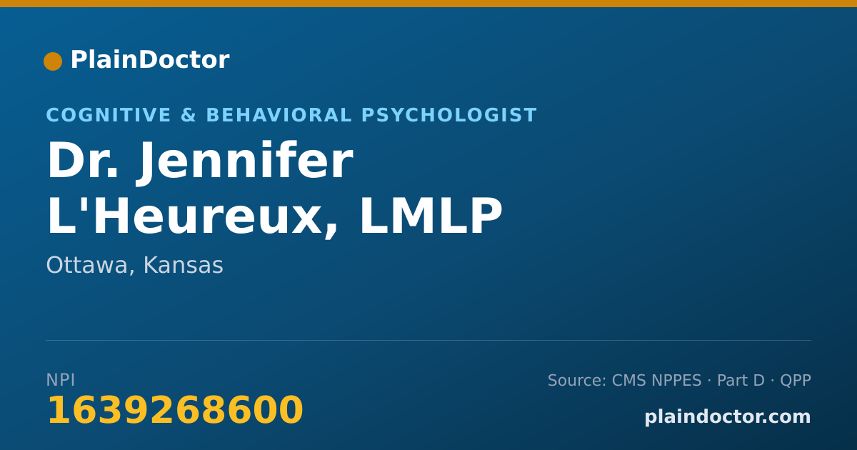 Shareable card for Jennifer L'Heureux, LMLP - Cognitive & Behavioral Psychologist, Ottawa, KS