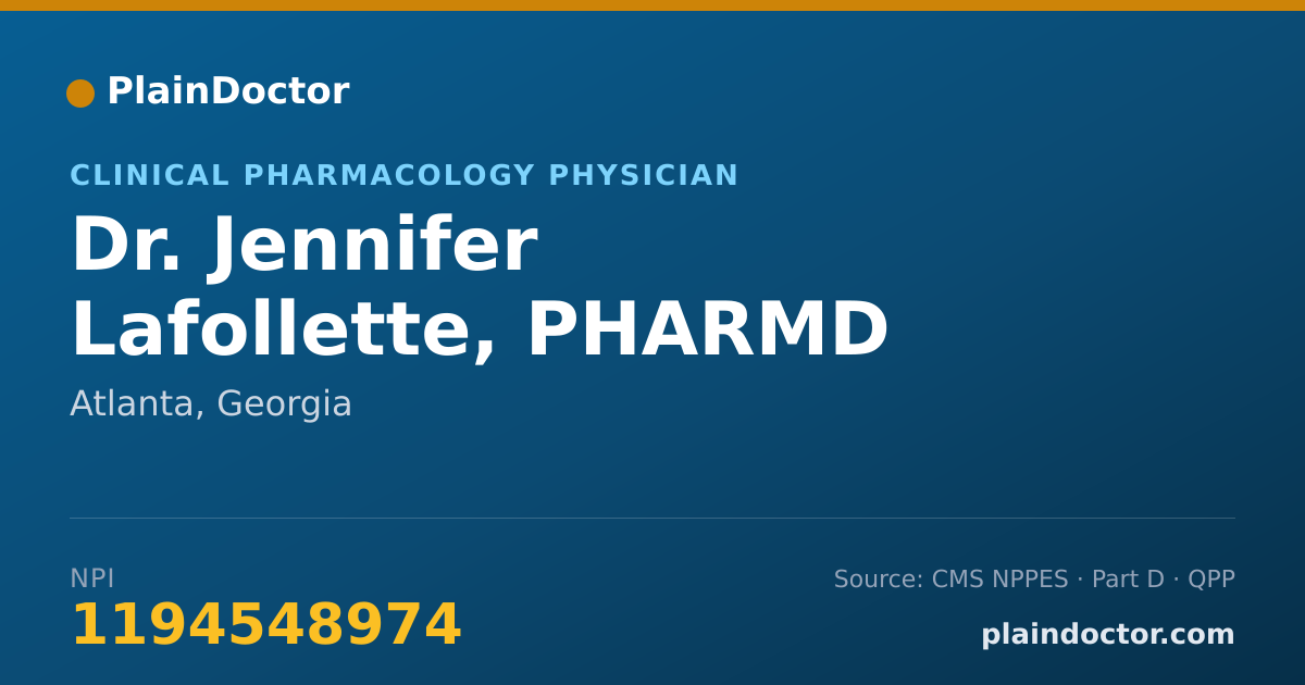 Shareable card for Jennifer Lafollette, PHARMD - Clinical Pharmacology Physician, Atlanta, GA