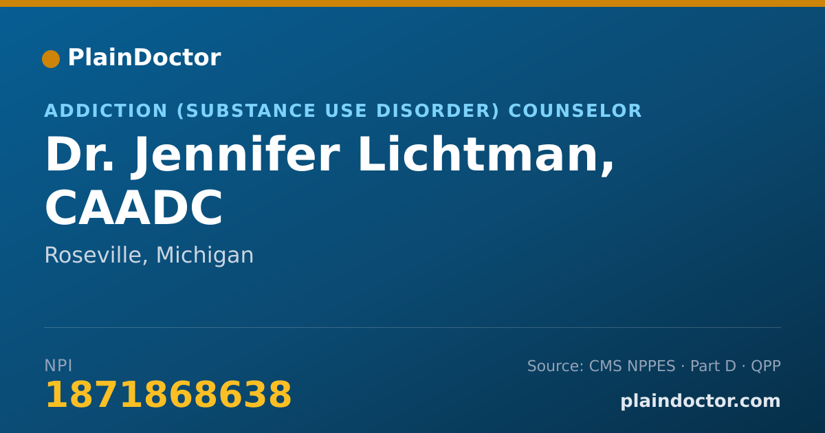 Shareable card for Jennifer Lichtman, CAADC - Addiction (Substance Use Disorder) Counselor, Roseville, MI