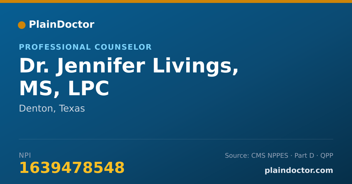 Shareable card for Jennifer Livings, MS, LPC - Professional Counselor, Denton, TX