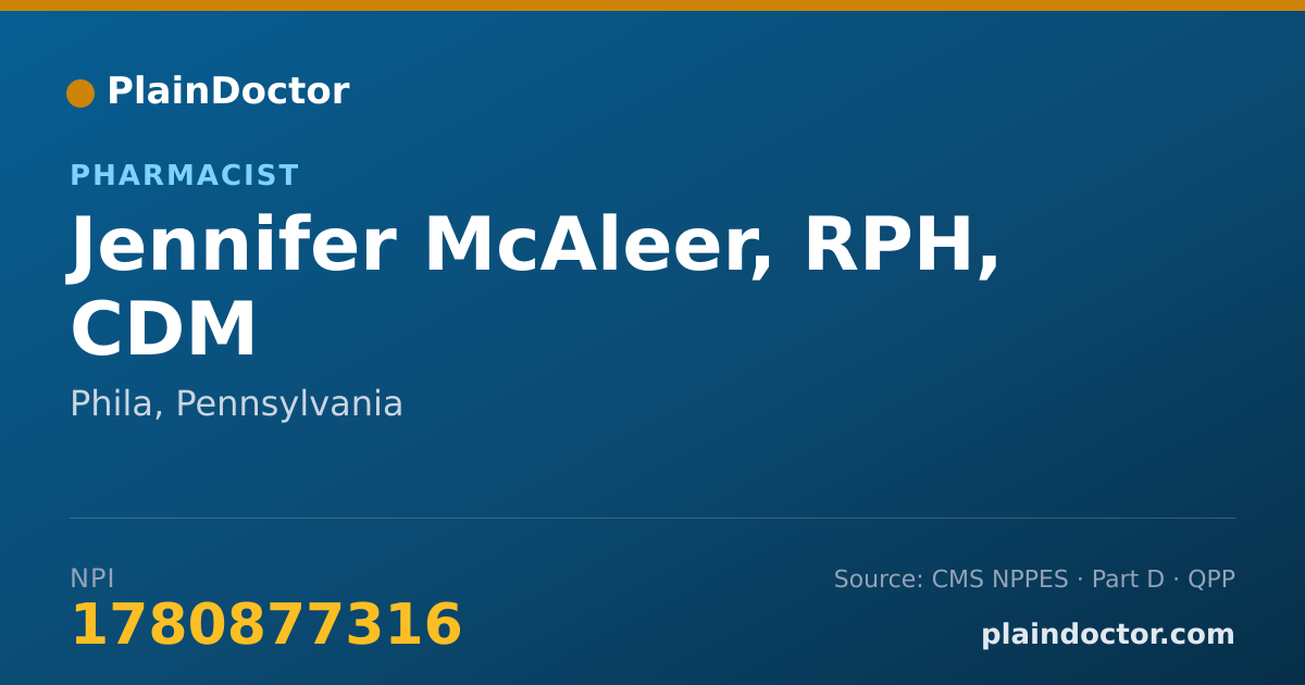 Shareable card for Jennifer McAleer, RPH, CDM - Pharmacist, Phila, PA