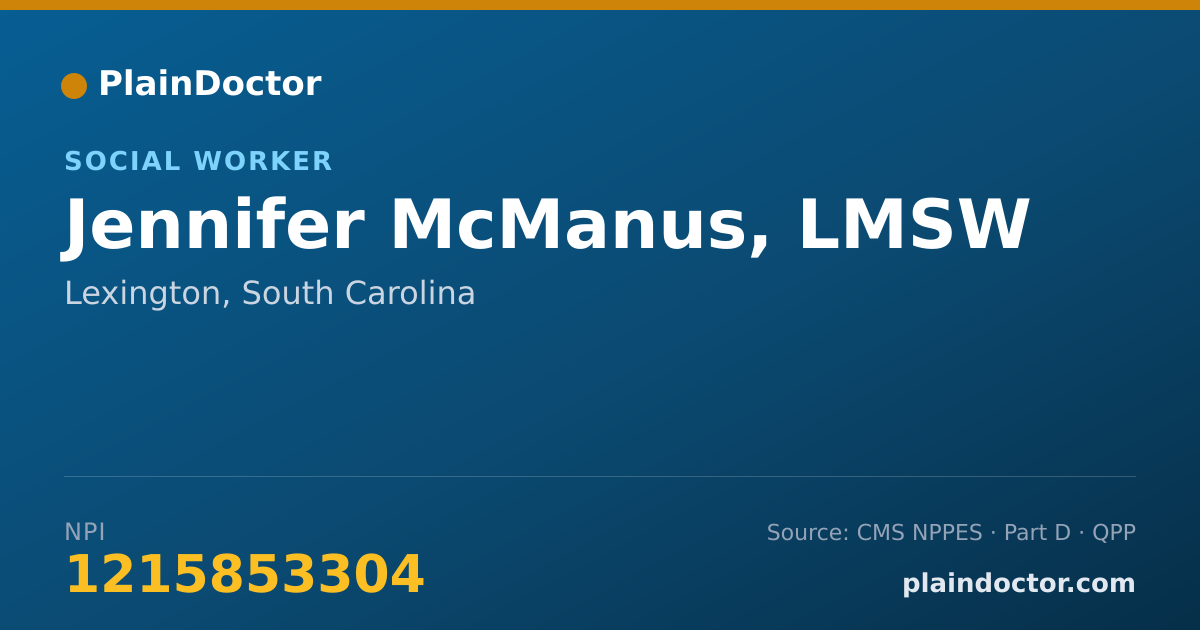 Shareable card for Jennifer McManus, LMSW - Social Worker, Lexington, SC