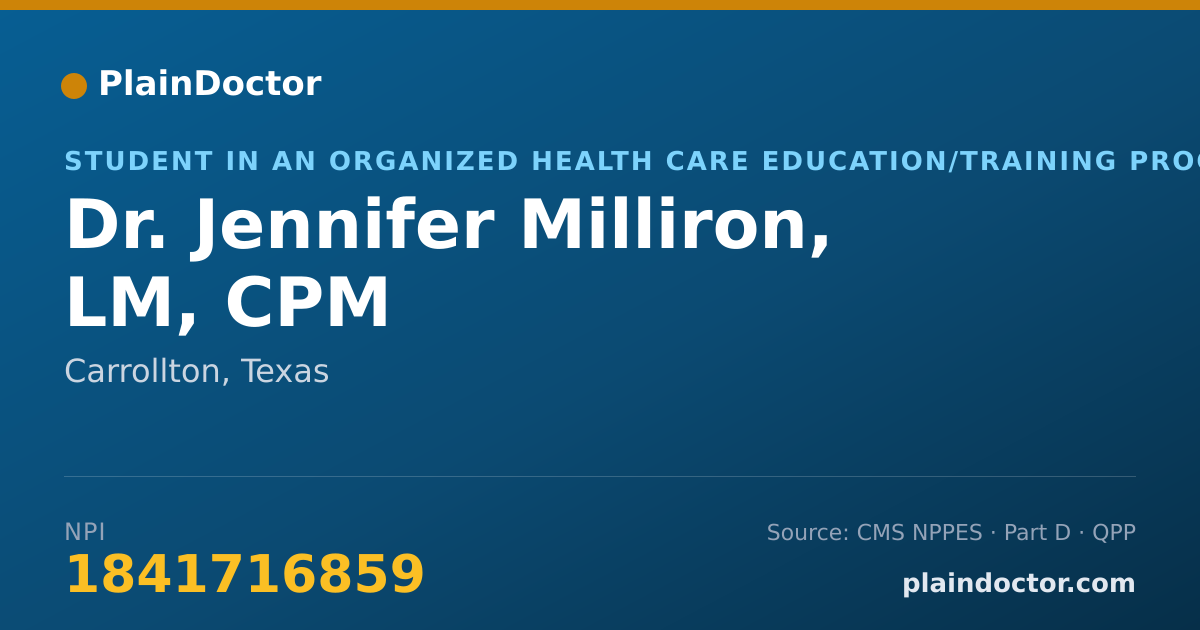 Shareable card for Jennifer Milliron, LM, CPM - Student in an Organized Health Care Education/Training Program, Carrollton, TX
