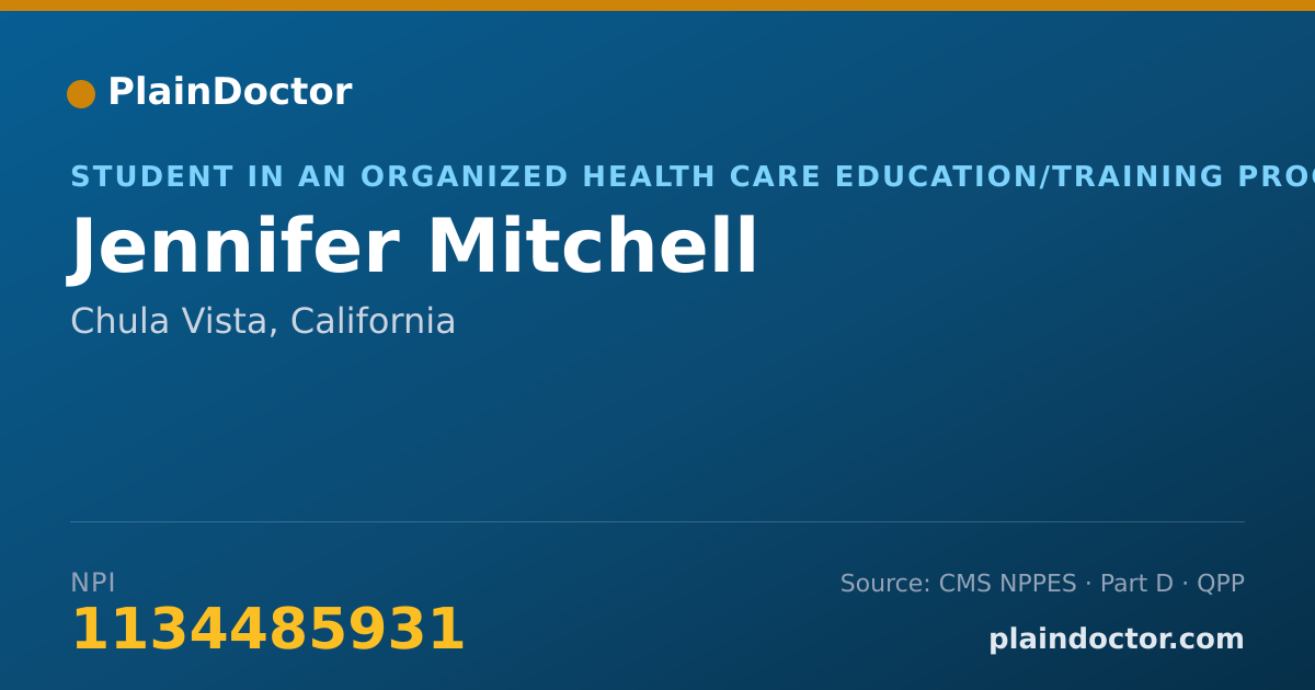 Shareable card for Jennifer Mitchell - Student in an Organized Health Care Education/Training Program, Chula Vista, CA