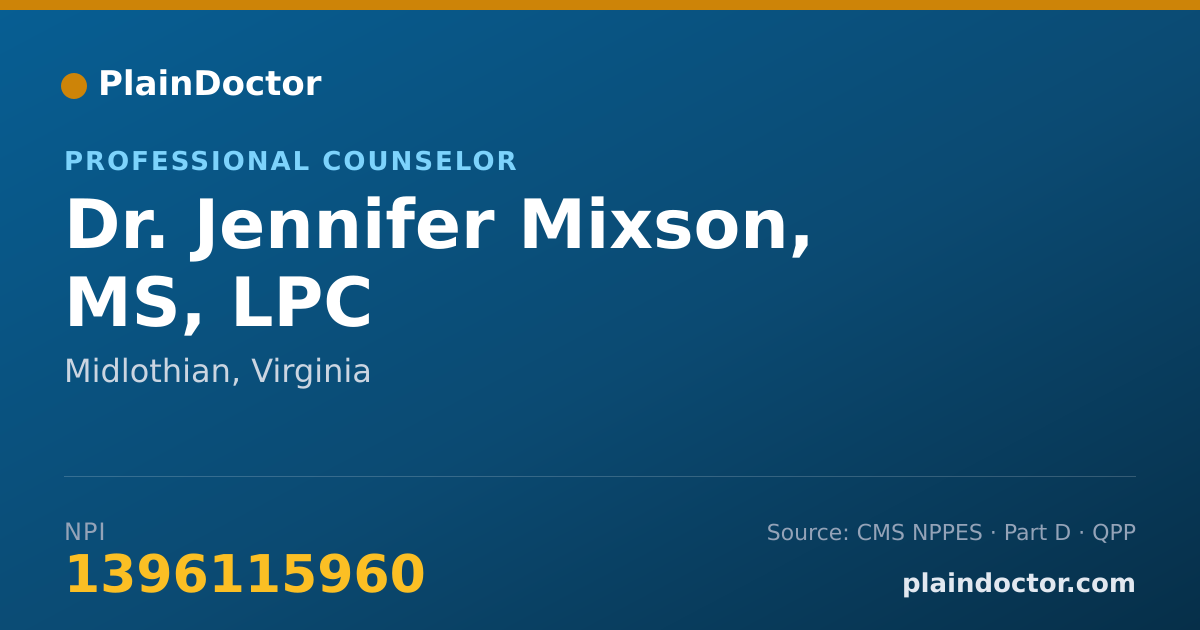 Shareable card for Jennifer Mixson, MS, LPC - Professional Counselor, Midlothian, VA