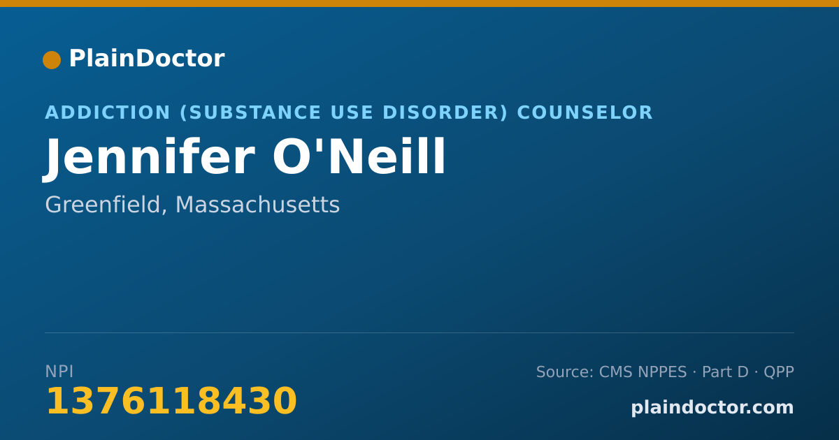 Shareable card for Jennifer O'Neill - Addiction (Substance Use Disorder) Counselor, Greenfield, MA