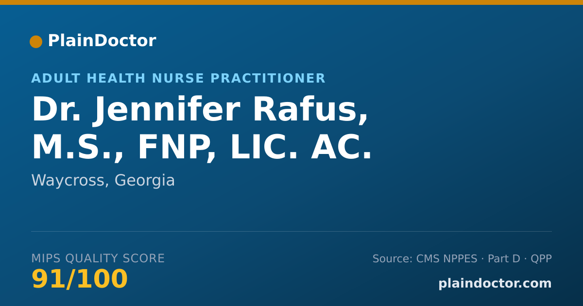 Shareable card for Jennifer Rafus, M.S., FNP, LIC. AC. - Adult Health Nurse Practitioner, Waycross, GA