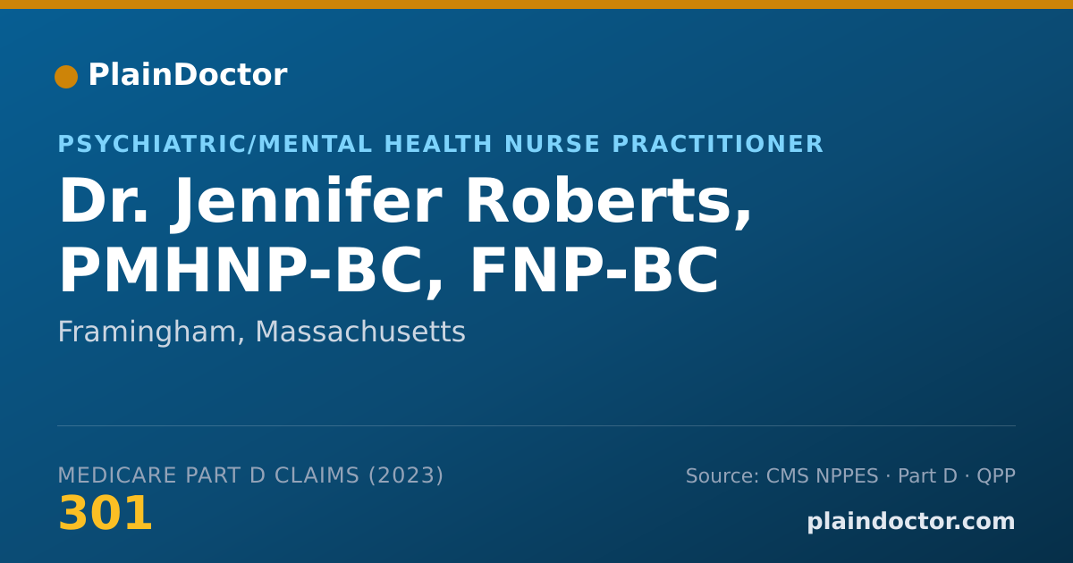 Shareable card for Jennifer Roberts, PMHNP-BC, FNP-BC - Psychiatric/Mental Health Nurse Practitioner, Framingham, MA