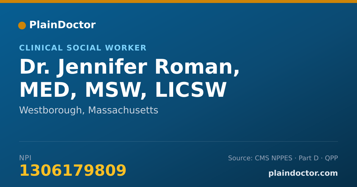 Shareable card for Jennifer Roman, MED, MSW, LICSW - Clinical Social Worker, Westborough, MA
