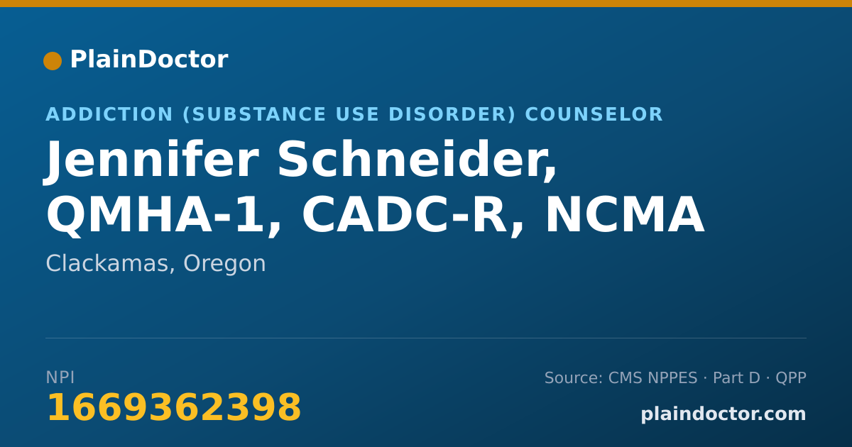 Shareable card for Jennifer Schneider, QMHA-1, CADC-R, NCMA - Addiction (Substance Use Disorder) Counselor, Clackamas, OR