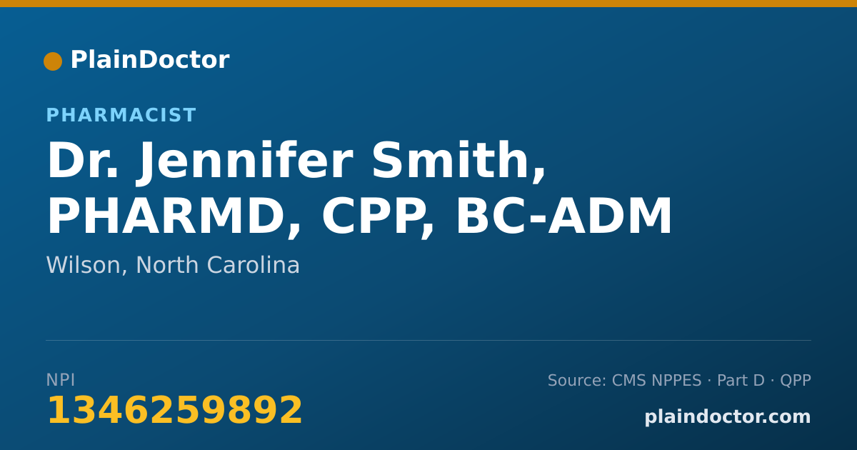 Shareable card for Jennifer Smith, PHARMD, CPP, BC-ADM - Pharmacist, Wilson, NC