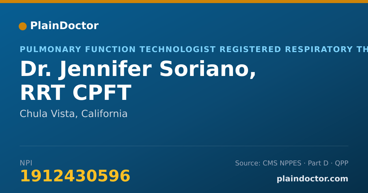 Shareable card for Jennifer Soriano, RRT CPFT - Pulmonary Function Technologist Registered Respiratory Therapist, Chula Vista, CA