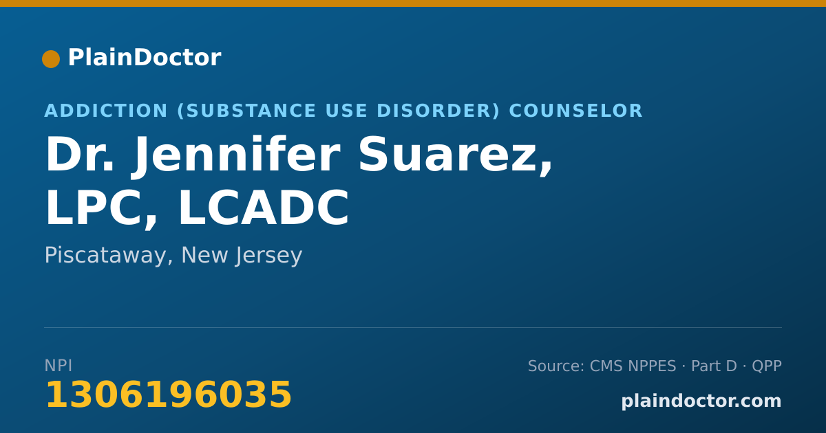 Shareable card for Jennifer Suarez, LPC, LCADC - Addiction (Substance Use Disorder) Counselor, Piscataway, NJ