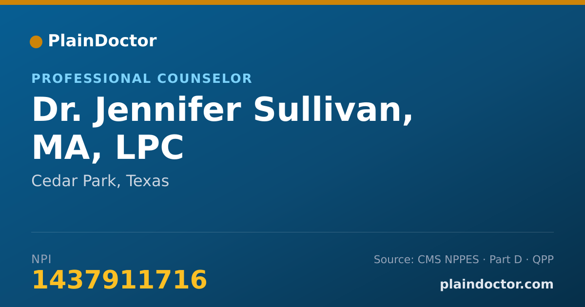 Shareable card for Jennifer Sullivan, MA, LPC - Professional Counselor, Cedar Park, TX