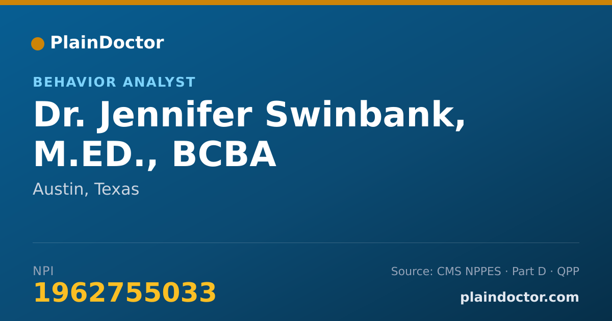 Shareable card for Jennifer Swinbank, M.ED., BCBA - Behavior Analyst, Austin, TX