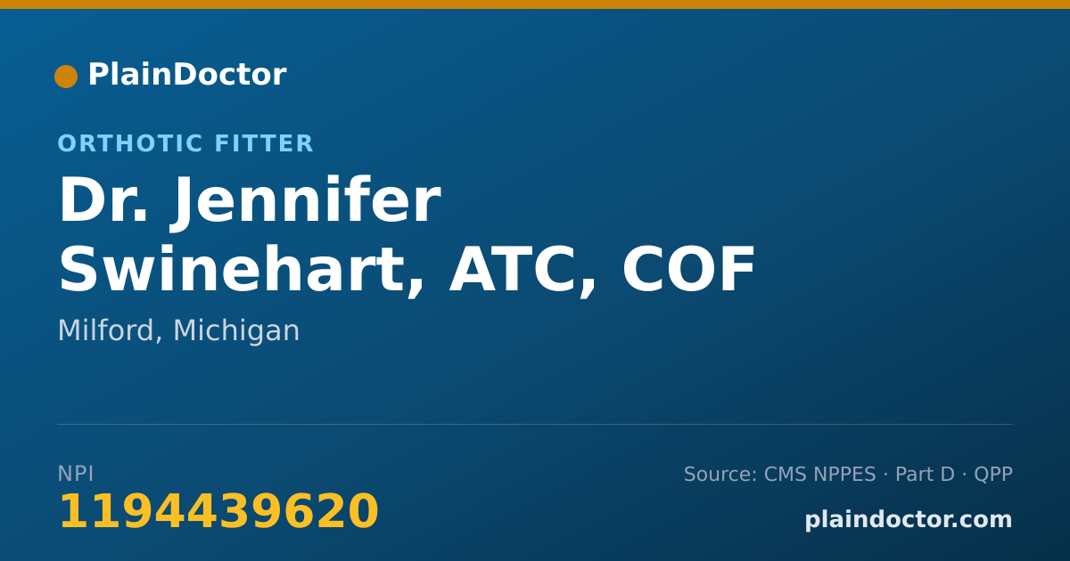 Shareable card for Jennifer Swinehart, ATC, COF - Orthotic Fitter, Milford, MI