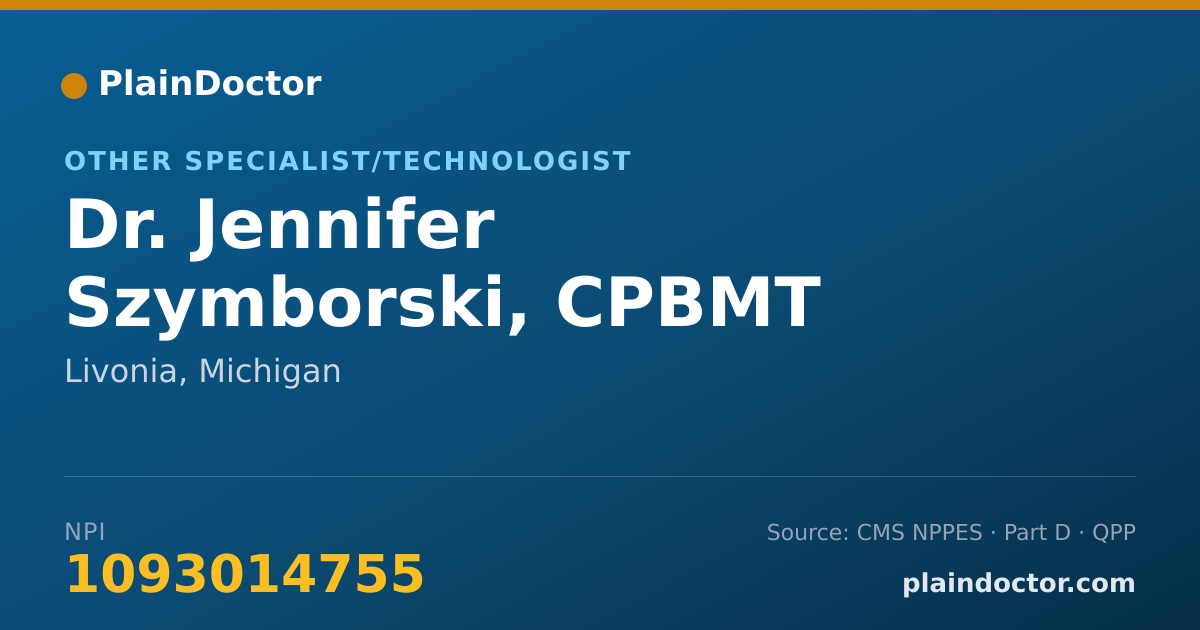 Shareable card for Jennifer Szymborski, CPBMT - Other Specialist/Technologist, Livonia, MI