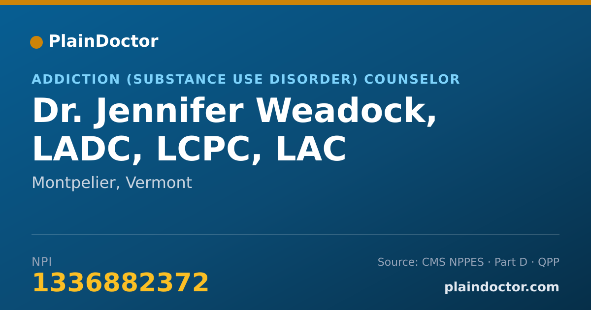 Shareable card for Jennifer Weadock, LADC, LCPC, LAC - Addiction (Substance Use Disorder) Counselor, Montpelier, VT