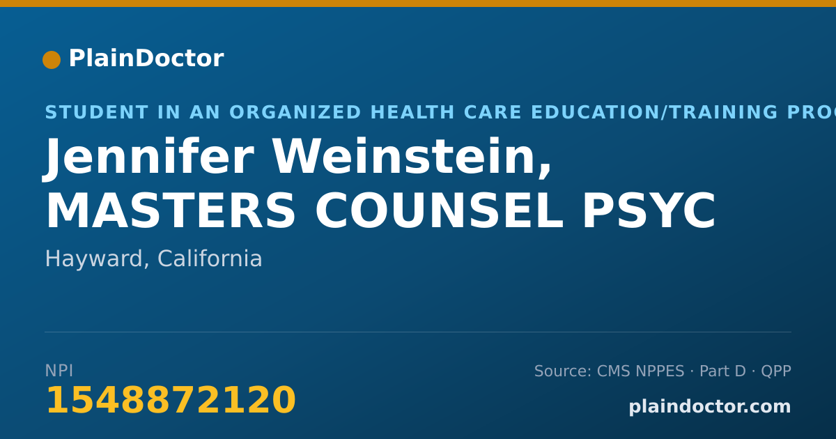 Shareable card for Jennifer Weinstein, MASTERS COUNSEL PSYC - Student in an Organized Health Care Education/Training Program, Hayward, CA
