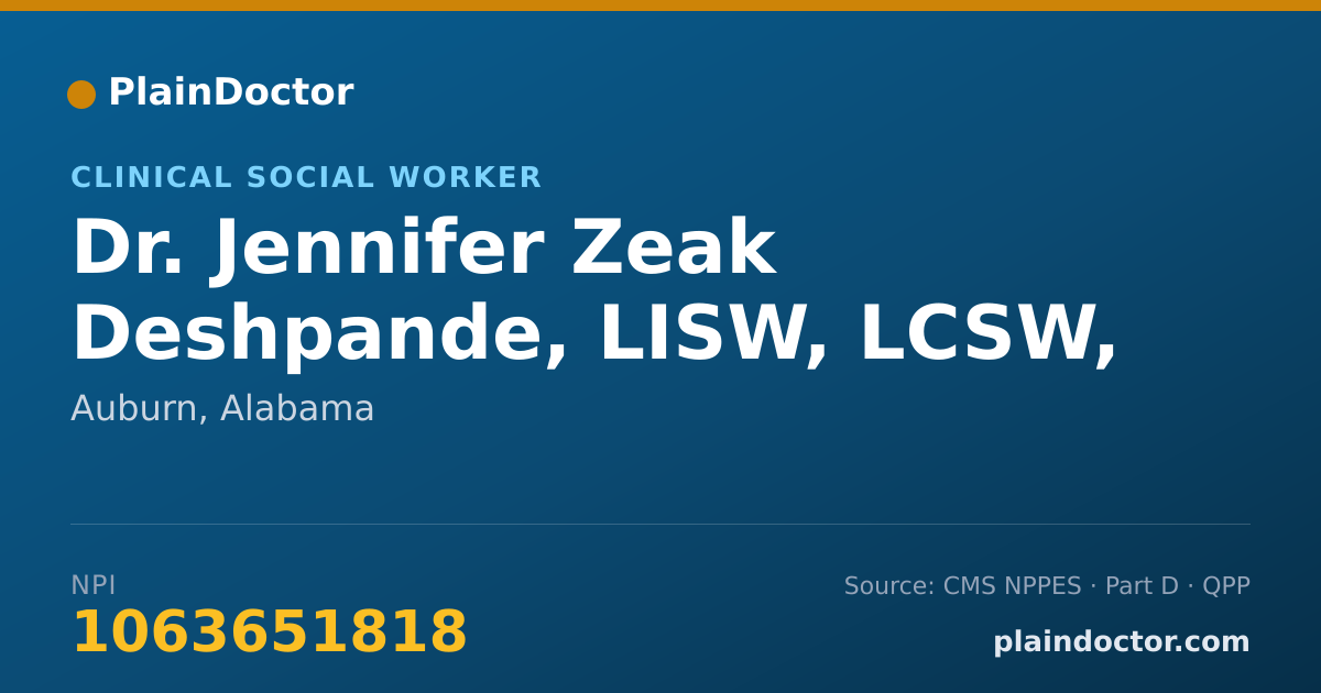 Shareable card for Jennifer Zeak Deshpande, LISW, LCSW, PIP - Clinical Social Worker, Auburn, AL