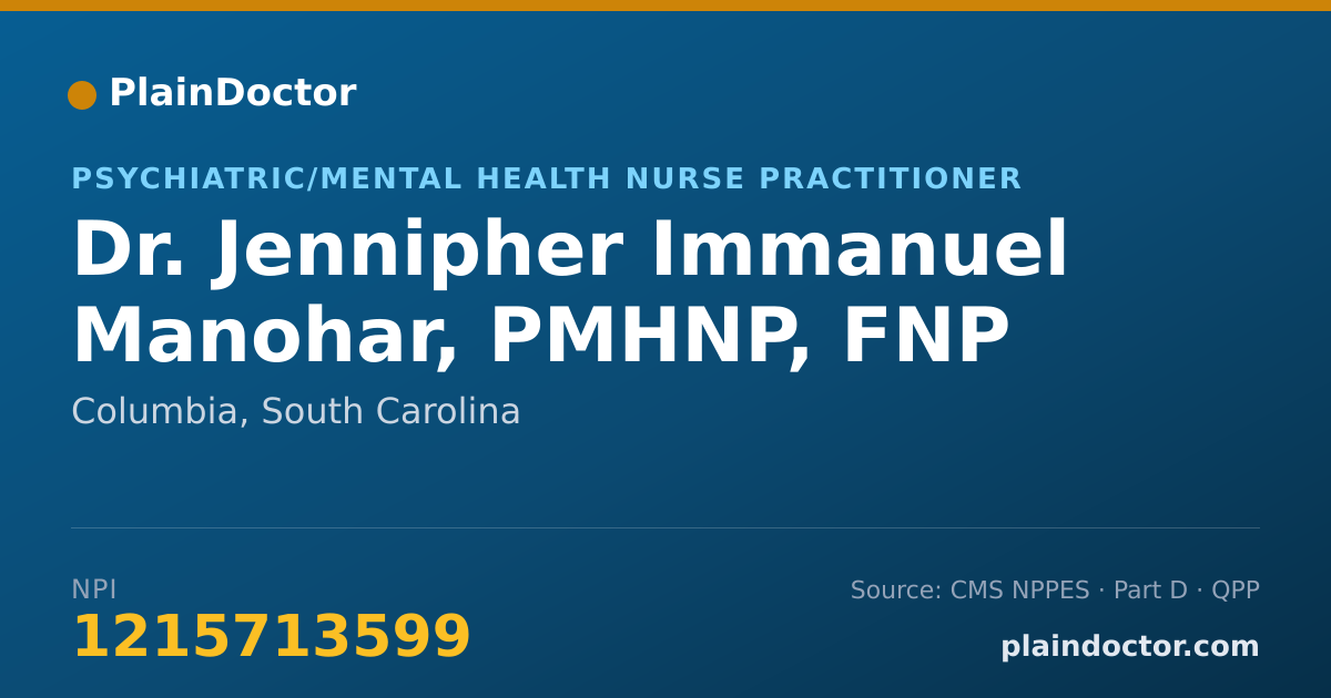 Shareable card for Jennipher Immanuel Manohar, PMHNP, FNP - Psychiatric/Mental Health Nurse Practitioner, Columbia, SC