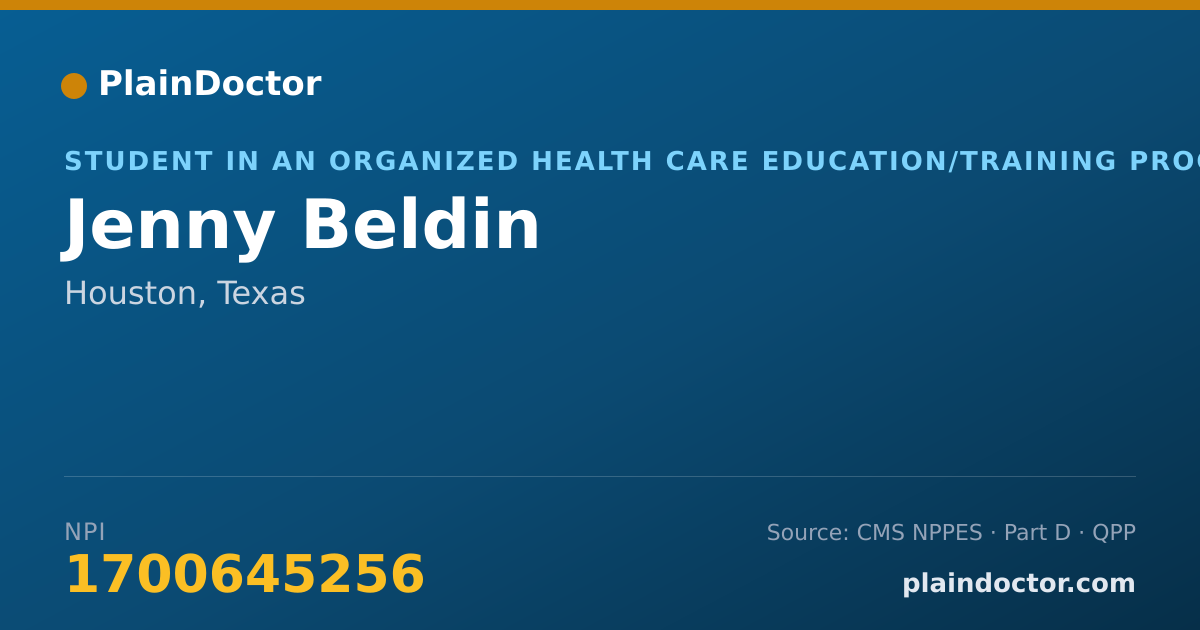 Shareable card for Jenny Beldin - Student in an Organized Health Care Education/Training Program, Houston, TX