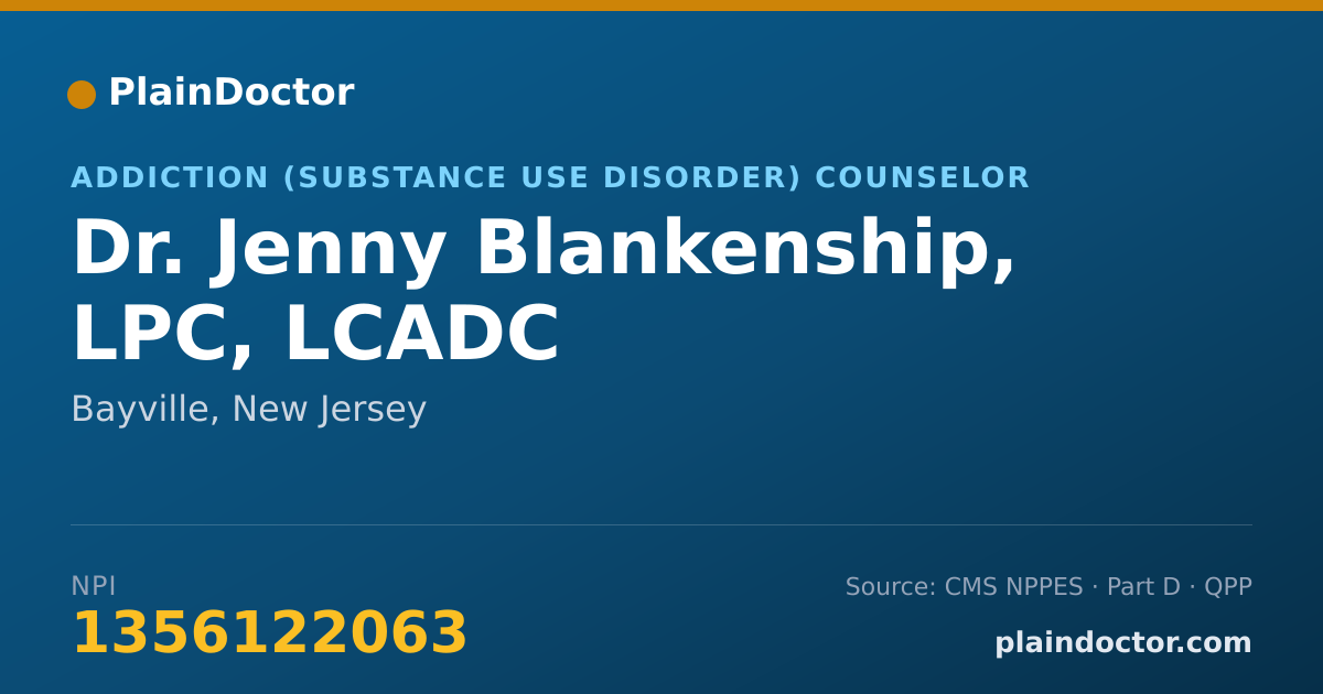 Shareable card for Jenny Blankenship, LPC, LCADC - Addiction (Substance Use Disorder) Counselor, Bayville, NJ