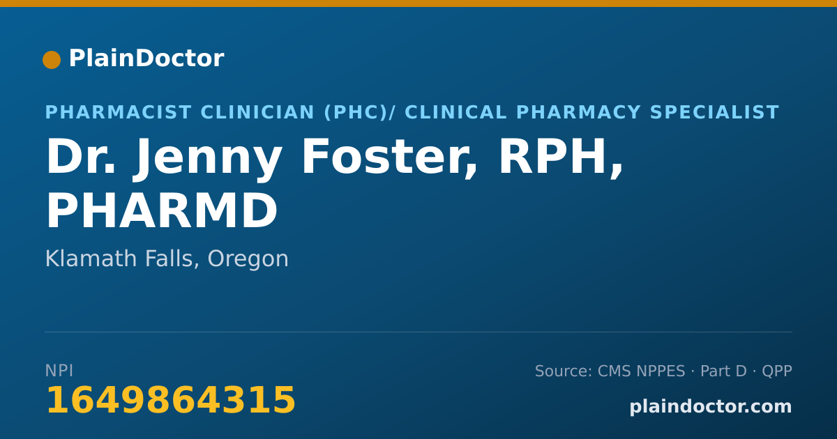 Shareable card for Jenny Foster, RPH, PHARMD - Pharmacist Clinician (PhC)/ Clinical Pharmacy Specialist, Klamath Falls, OR