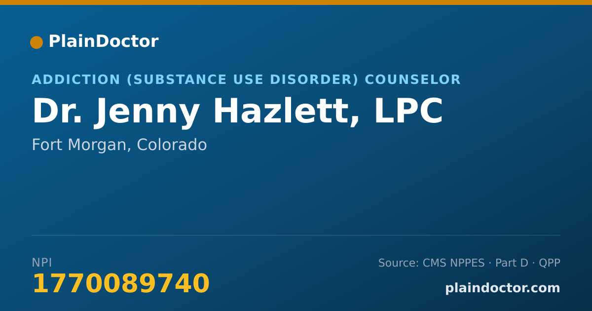 Shareable card for Jenny Hazlett, LPC - Addiction (Substance Use Disorder) Counselor, Fort Morgan, CO
