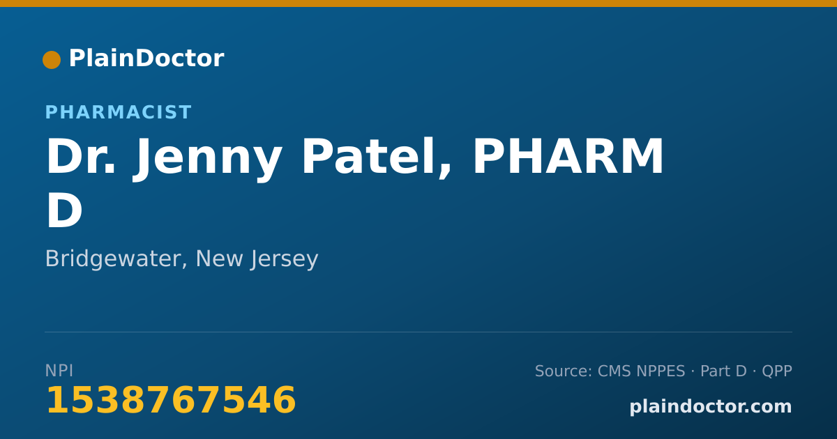 Shareable card for Jenny Patel, PHARM D - Pharmacist, Bridgewater, NJ