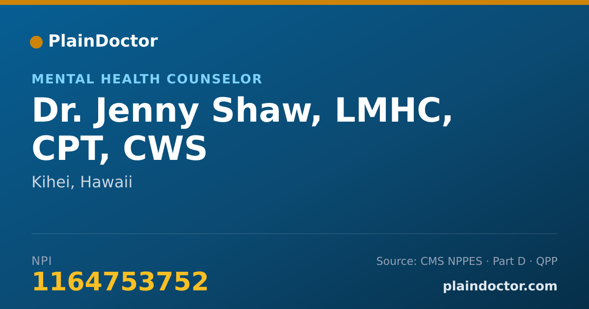 Shareable card for Jenny Shaw, LMHC, CPT, CWS - Mental Health Counselor, Kihei, HI