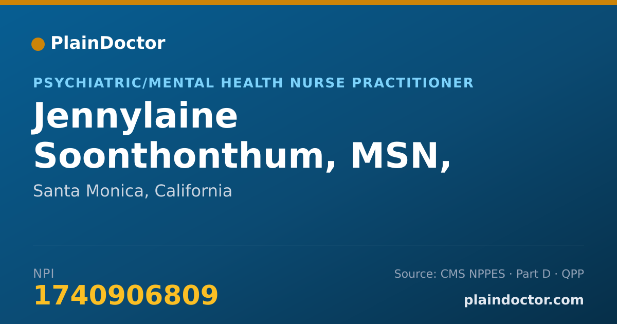 Shareable card for Jennylaine Soonthonthum, MSN, APRN, PMHNP-BC - Psychiatric/Mental Health Nurse Practitioner, Santa Monica, CA