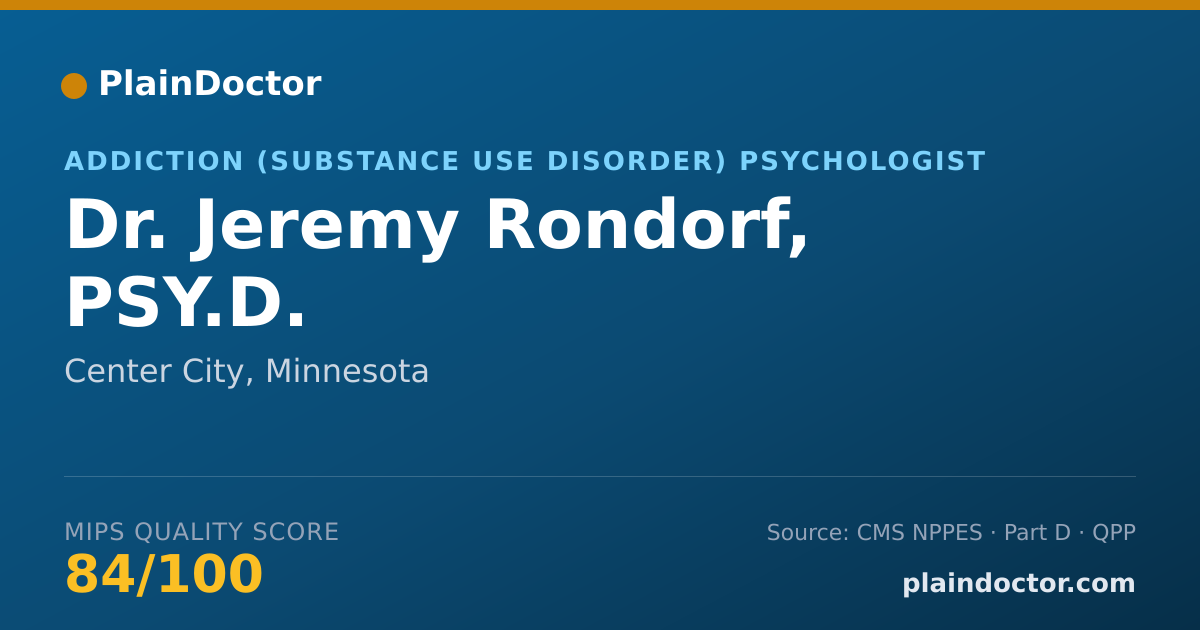 Shareable card for Jeremy Rondorf, PSY.D. - Addiction (Substance Use Disorder) Psychologist, Center City, MN