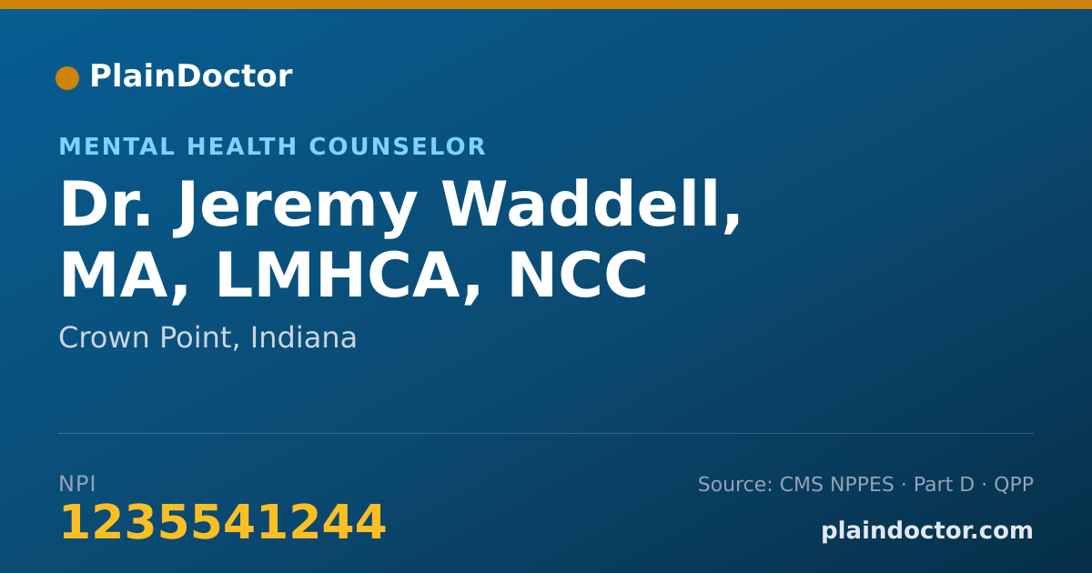 Shareable card for Jeremy Waddell, MA, LMHCA, NCC - Mental Health Counselor, Crown Point, IN