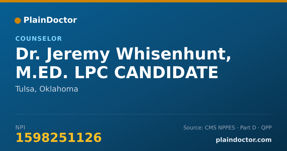 Shareable card for Jeremy Whisenhunt, M.ED. LPC CANDIDATE - Counselor, Tulsa, OK